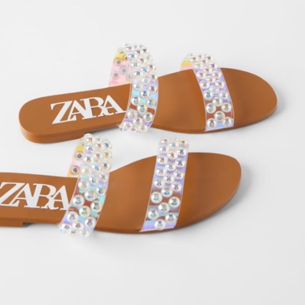 Zara Iridescent Pearl Studded Slide Sandals size 39